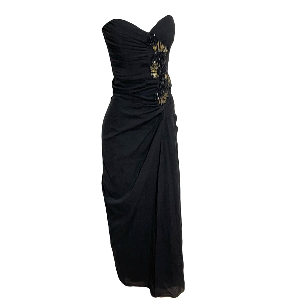 Badgley Mischka Collection black silk strapless ruched side sequin fitted dress - Picture 2 of 13